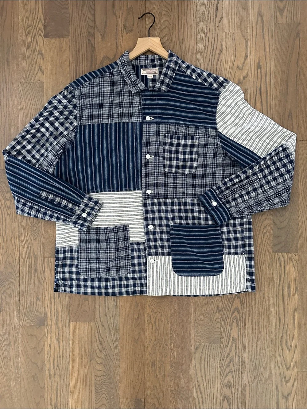 Wallace & Barnes Plaid Striped Patchwork Cotton Chore Coat Indigo Blue, White XL